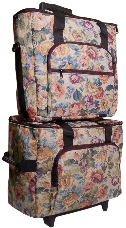 Hemline 2pcs Cream Floral Tapestry Trolley Bag