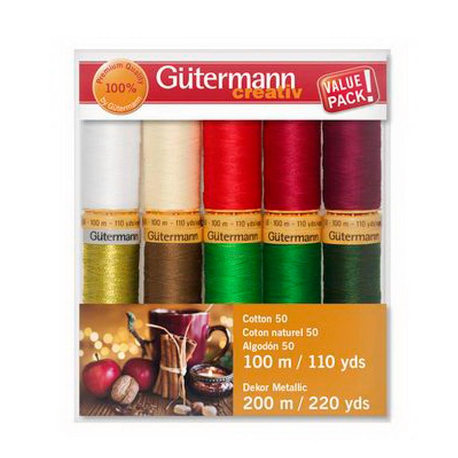 Gutermann Cotton 50 - Dekor Metallic Winter Red and Greens