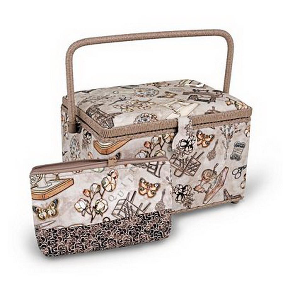 Sewing Basket and Accessory Case Taupe Sew Print