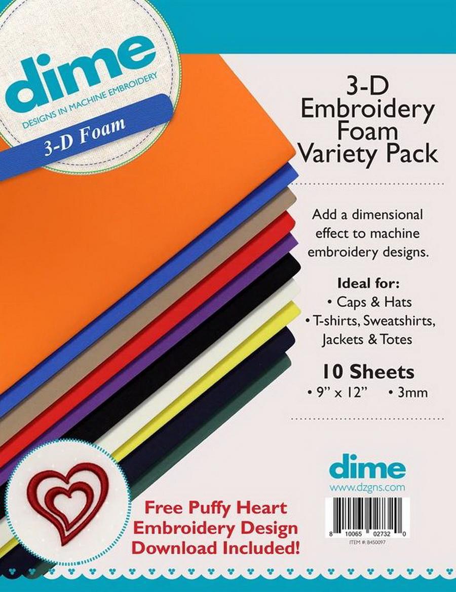 DIME 3-D Embroidery Foam Variety Pack - 9" x 12" 3mm - 10 Sheets