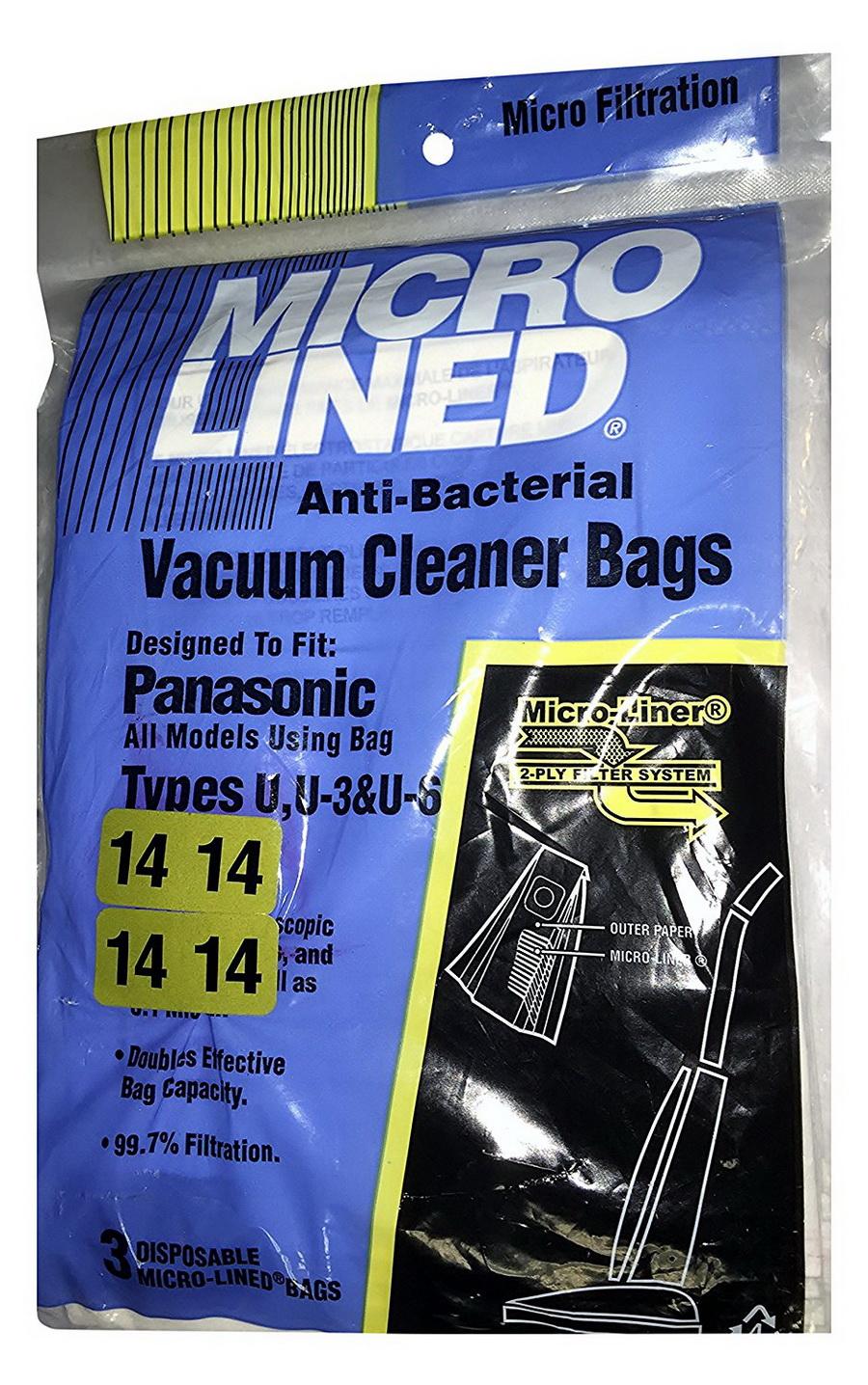 Microlined Anti-Bacterial Vacuum Cleaner Bags, Panasonic types U, U-3 & U-6